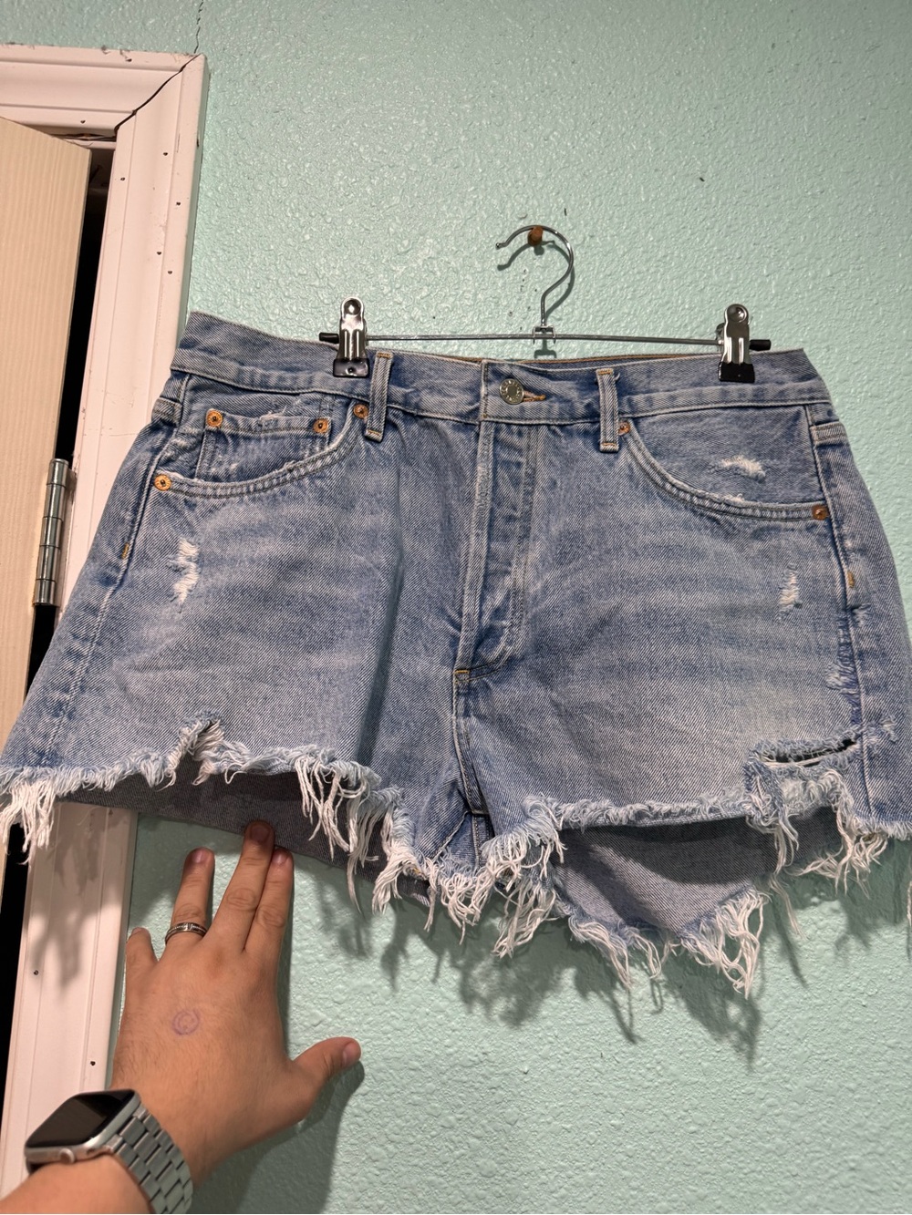 Agolde Parker Blue Distressed Denim Shorts